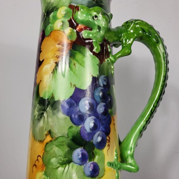 VINTAGE HUGE 15" JPL LIMOGES HAND PAINTED GRAPES DRAGON HANDLE TANKARD PITCHER - Picture 2 of 16